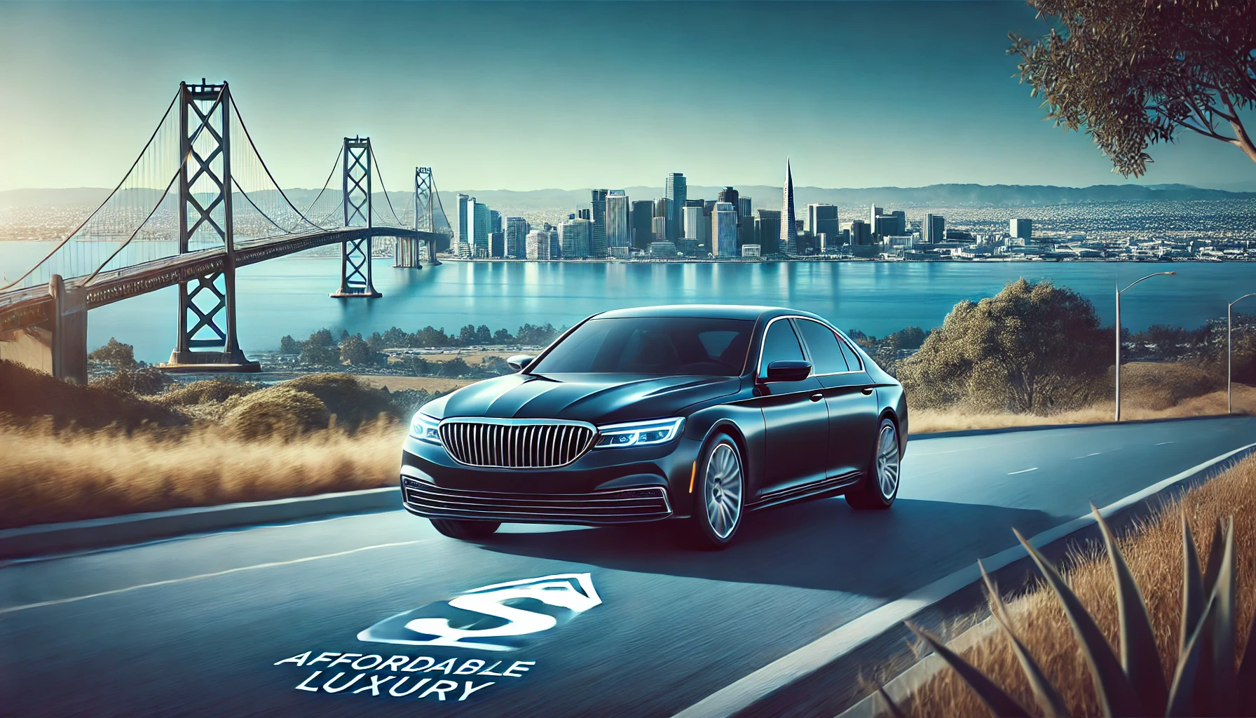 Luxury black sedan driving smoothly on a Bay Area road with San Jose skyline in the background, highlighting affordable car and limo service to SJC Airport