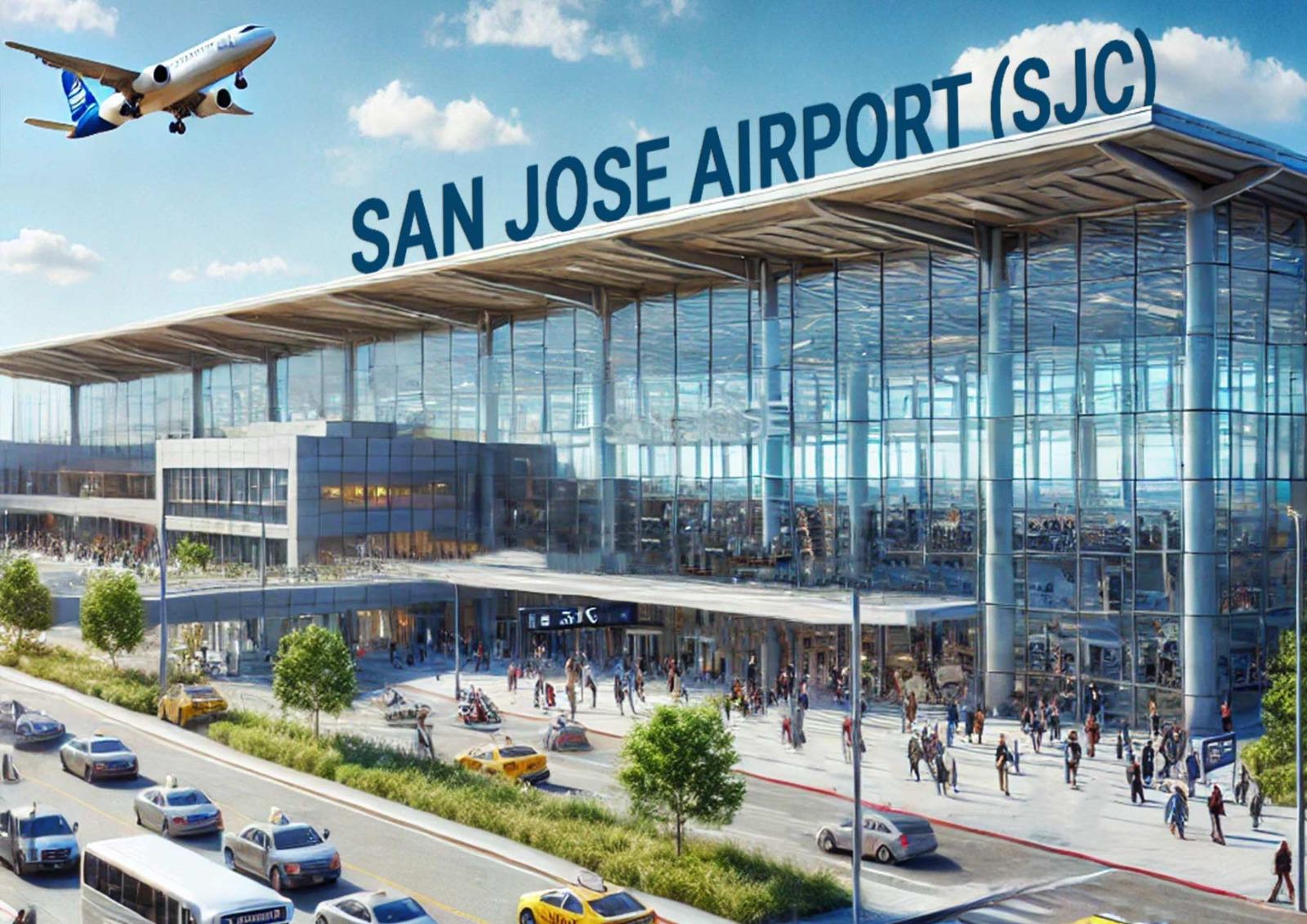 San Jose Airport (SJC) terminal with modern architecture, bustling with cars, taxis, and passengers arriving and departing.