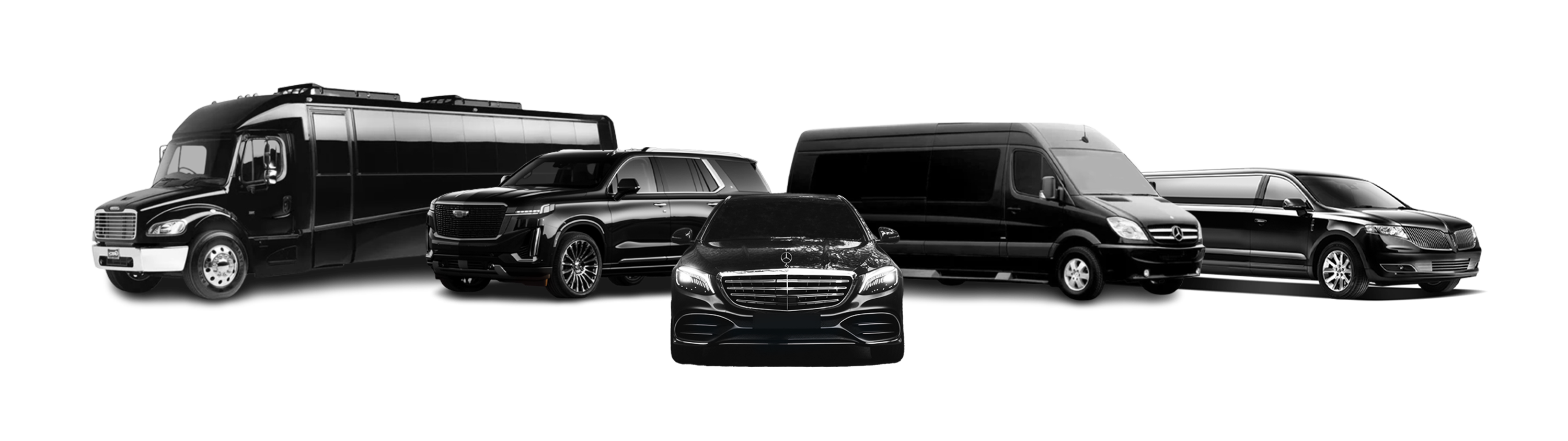 Luxury limo fleet showcasing premium vehicles, including SUVs, sedans, limousines, and minibuses, for professional airport transfers and chauffeured services.