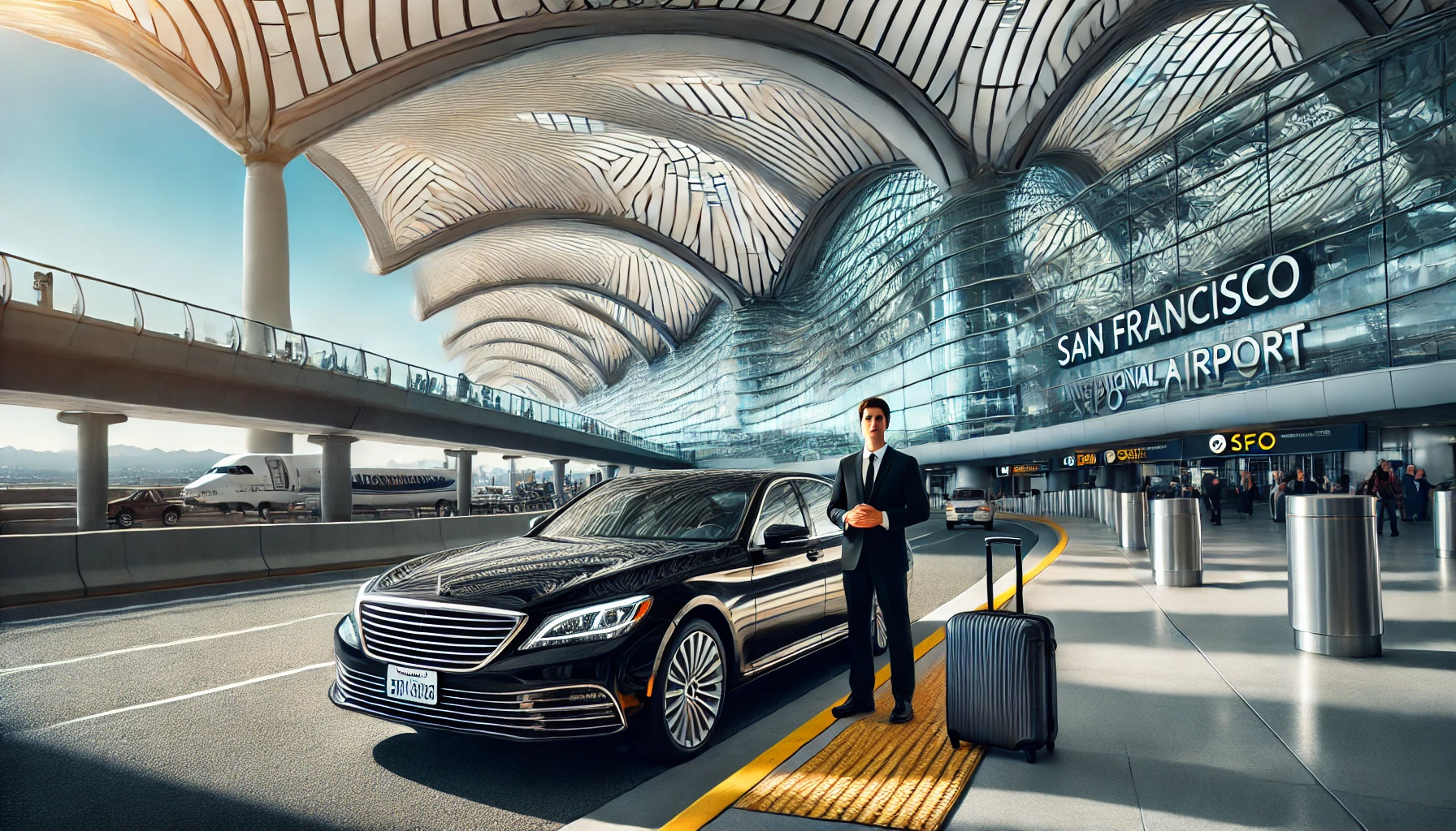 Luxury black car parked at San Francisco International Airport (SFO) with the iconic terminal design in the background, showcasing premium car service and convenience for travelers