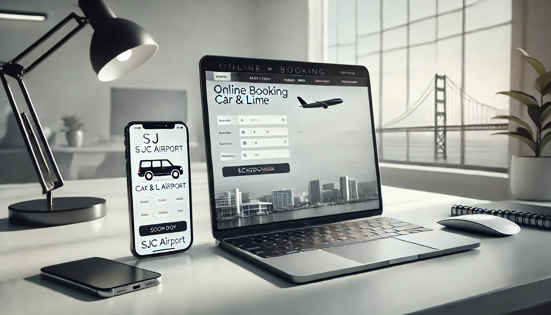 Laptop and smartphone displaying an online booking form for SJC Airport car and limo service, symbolizing ease and convenience for Bay Area customers