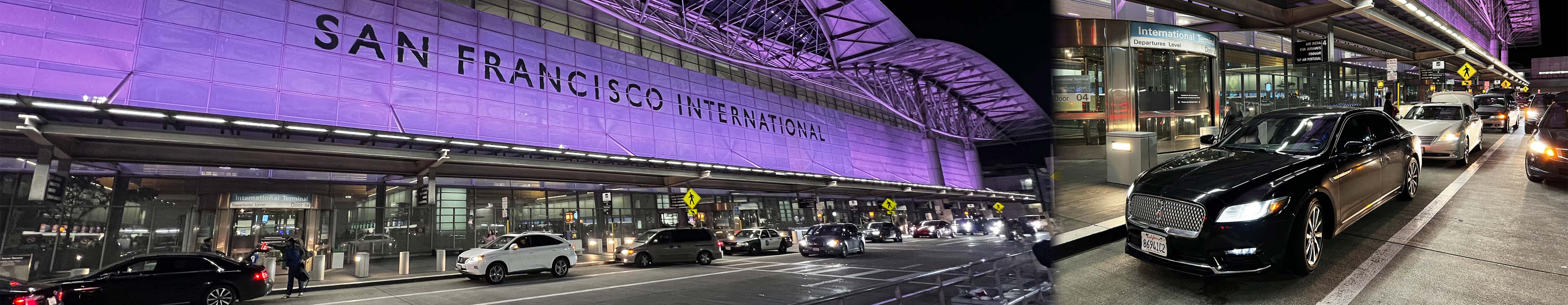 Night view of San Francisco International Airport (SFO) with luxury black cars and other vehicles lined up for transportation services.